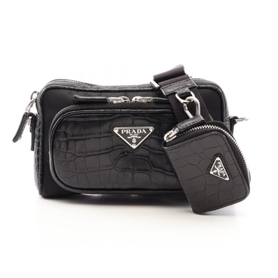 プラダ PRADA Re-Nylon クロコ型押し ショルダーバッグ バッグ ナイロン レザー レディース ブラック系 【中古】