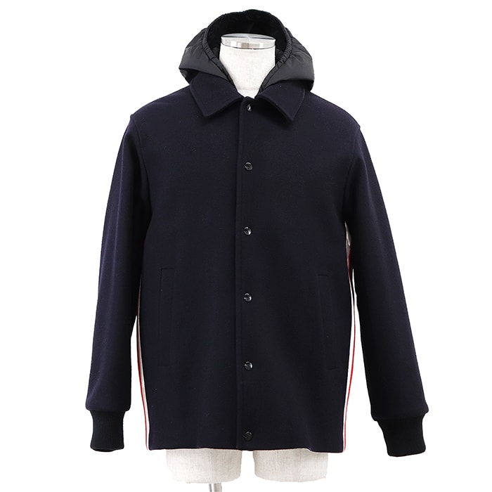 【極美品】GUCCI グッチ ブルゾン パデッド メルトン ボアライニング 46 メンズ 2018年製 ロゴ ボタン シェリーライン ウェブストライプ サイドライン ナイロンフード脱着可 ウール100% ジャケット アウター フード付属 ネイビー 紺 伊製