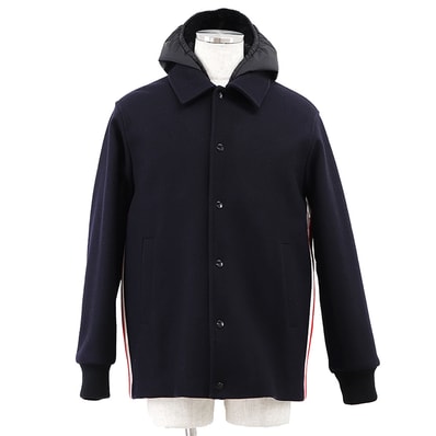 【極美品】GUCCI グッチ ブルゾン パデッド メルトン ボアライニング 46 メンズ 2018年製 ロゴ ボタン シェリーライン ウェブストライプ サイドライン ナイロンフード脱着可 ウール100% ジャケット アウター フード付属 ネイビー 紺 伊製