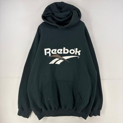古着 90's/90年代 リーボック Reebok USA製 パーカー ロゴ スウェット プルオーバー 2XL グリーン プリント メンズ