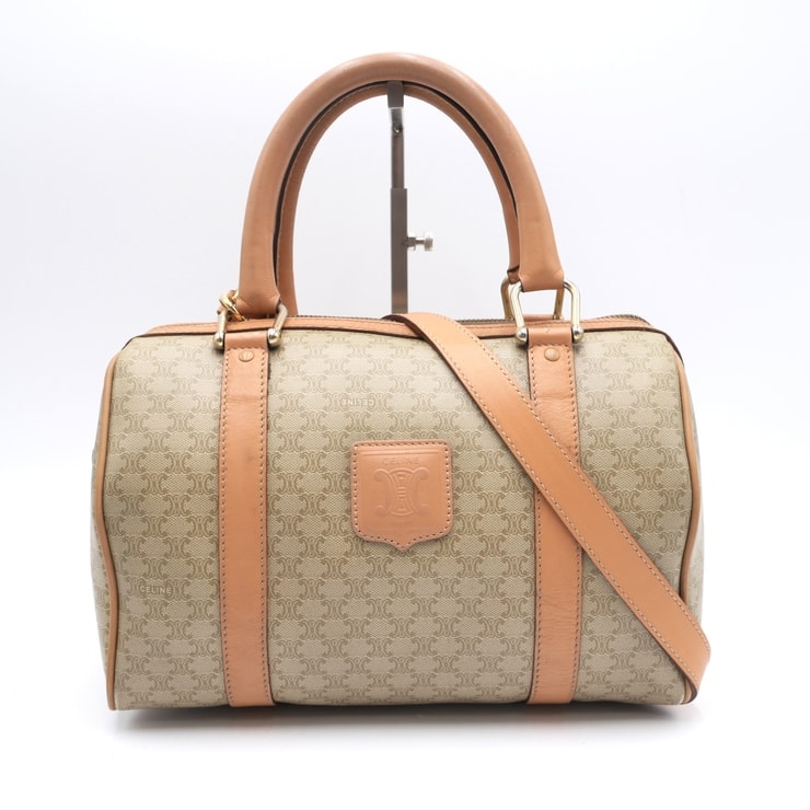 CELINE(セリーヌ)マカダム ヴィンテージ ミニボストンバッグ 2WAY ハンドバッグ ショルダーバッグ ベージュ PVC レザー ブラウン ゴールド金具 レディース M14【中古】