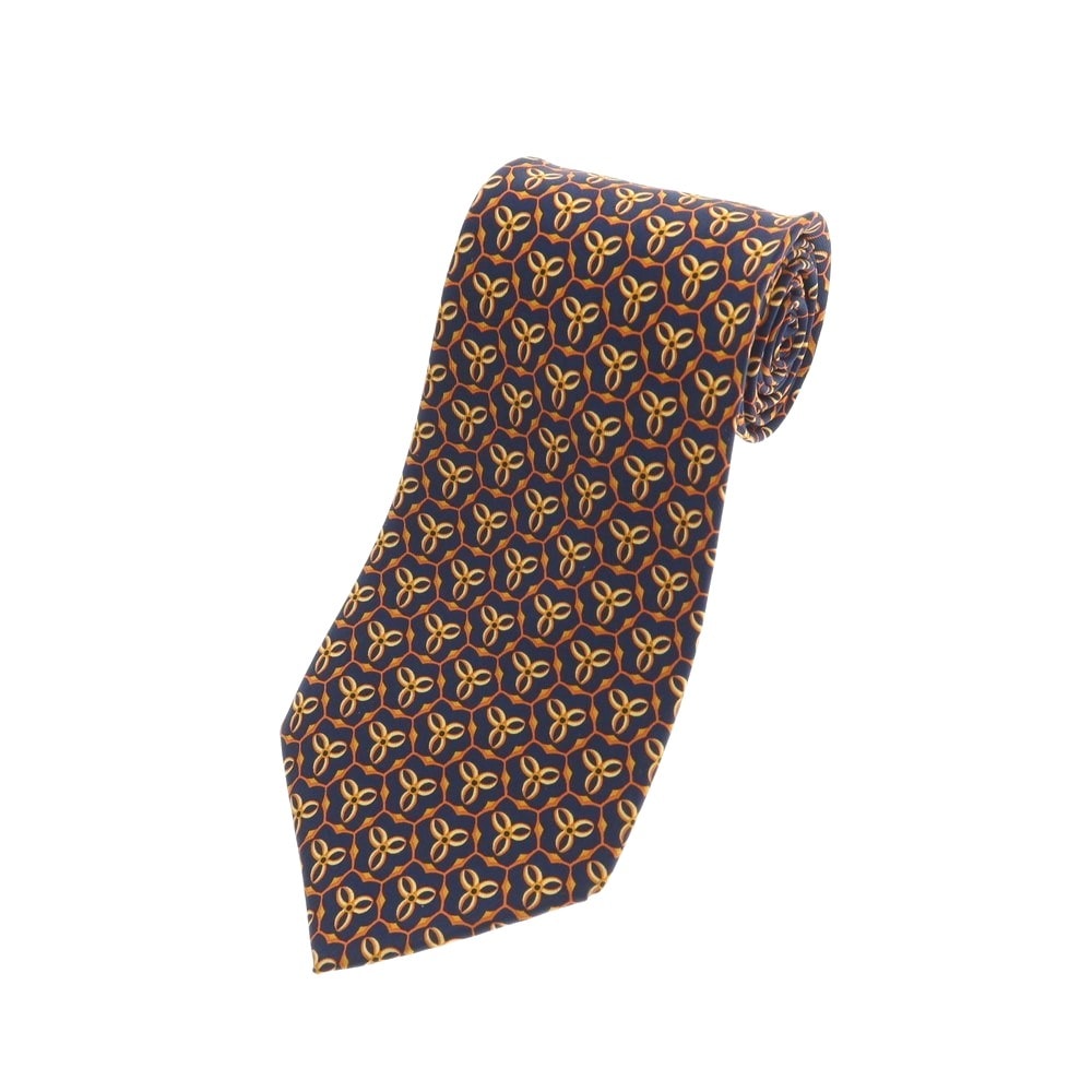 【中古】サルヴァトーレフェラガモ Salvatore Ferragamo シルク プリント 小紋柄ネクタイ ネイビーxオレンジ【メンズ】