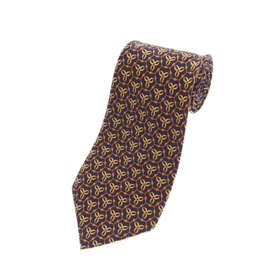 【中古】サルヴァトーレフェラガモ Salvatore Ferragamo シルク プリント 小紋柄ネクタイ ネイビーxオレンジ【メンズ】