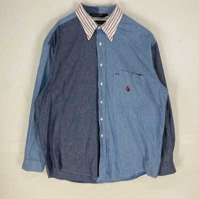 古着 90's/90年代 ノーティカ NAUTICA 長袖シャツ ボタンダウン 刺繍ロゴ クレイジーパターン L ブルー系 総柄 メンズ
