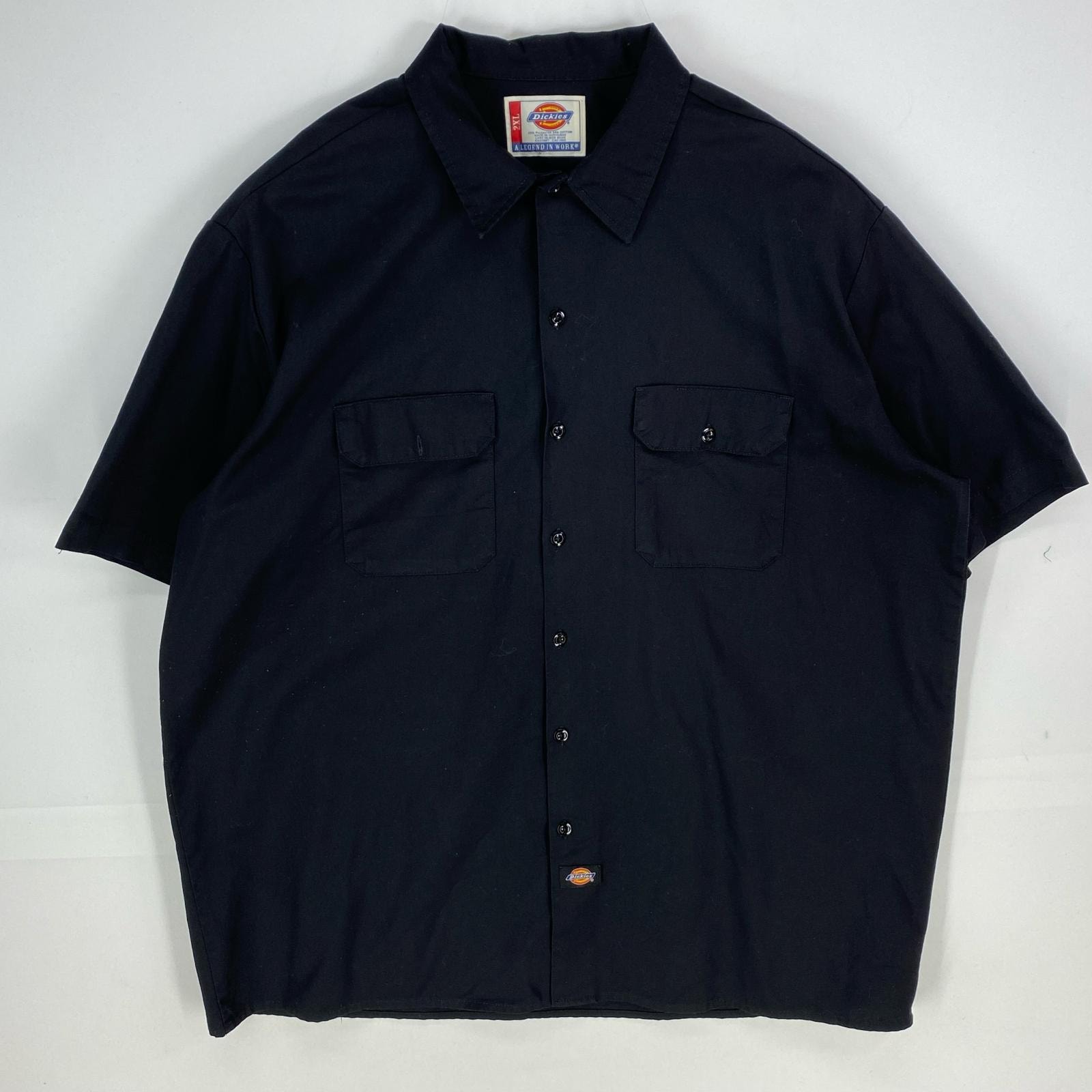 古着 ディッキーズ Dickies 半袖シャツ ワンポイント 大きいサイズ ワーク ロゴ 作業着 2XL  ブラック系 無地 メンズ