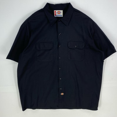 古着 ディッキーズ Dickies 半袖シャツ ワンポイント 大きいサイズ ワーク ロゴ 作業着 2XL ブラック系 無地 メンズ