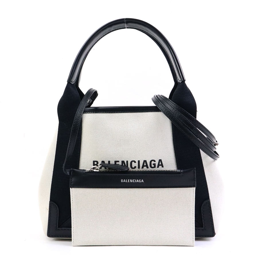 バレンシアガ BALENCIAGA ハンドバッグ ネイビー カバスXS キャンバス/レザー ブラック×アイボリー レディース 390346【中古】 h31092i