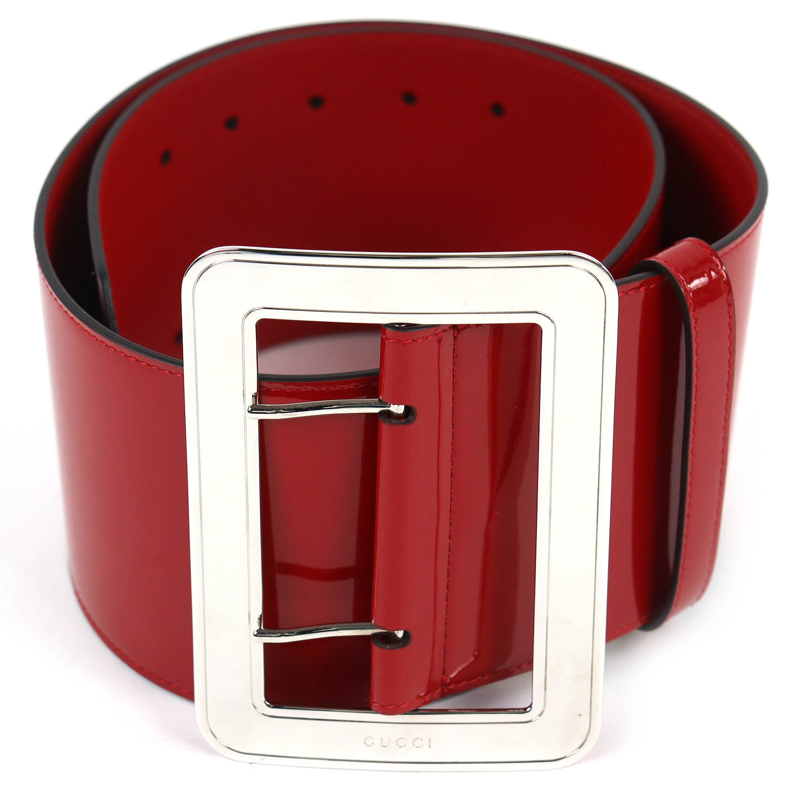 極美品 グッチ ロゴ刻印バックル パテントレザー ワイドベルト 赤 718505