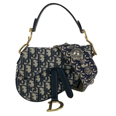 Christian Dior クリスチャンディオール サドルバッグ ミニ オブリーク 2WAY ハンドバッグ ショルダーバッグ キャンバス ネイビー レディース【中古】