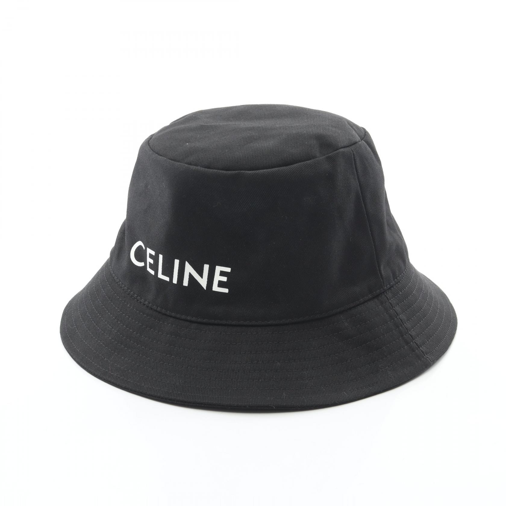 セリーヌ CELINE ロゴプリント バケット ハット 帽子 コットン メンズ レディース ブラック系 【中古】