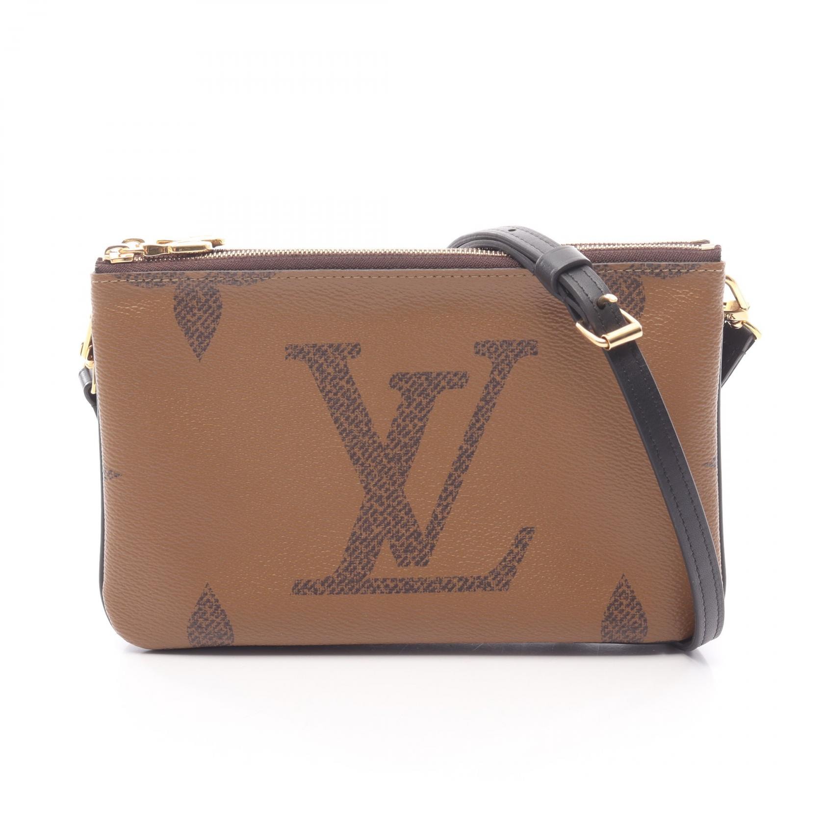 ルイ・ヴィトン LOUIS VUITTON ポシェット ドゥーブル ジップ ショルダーバッグ バッグ PVCコーティングキャンバス レザー モノグラム・ジャイアントリバース ベージュ レディース ブラウン系 / ベージュ系 M69203 【中古】