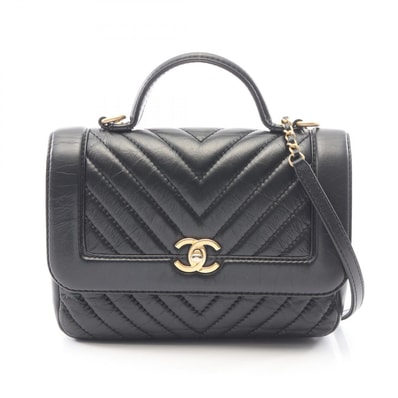 シャネル CHANEL マドモアゼル Vステッチ トップハンドル 2WAY ショルダーバッグ バッグ レザー レディース ブラック系 【中古】