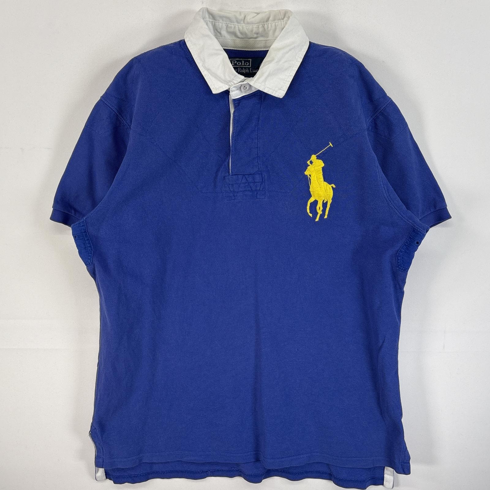 古着 90's/90年代 ポロバイラルフローレン Polo by Ralph Lauren 鹿の子 半袖 ラガーシャツ ビッグポニー 襟切替 ラバーボタン L  ブルー系 無地 メンズ