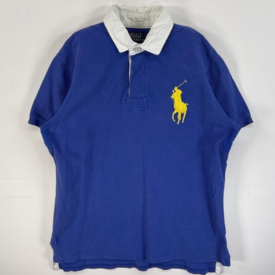 古着 90's/90年代 ポロバイラルフローレン Polo by Ralph Lauren 鹿の子 半袖 ラガーシャツ ビッグポニー 襟切替 ラバーボタン L ブルー系 無地 メンズ