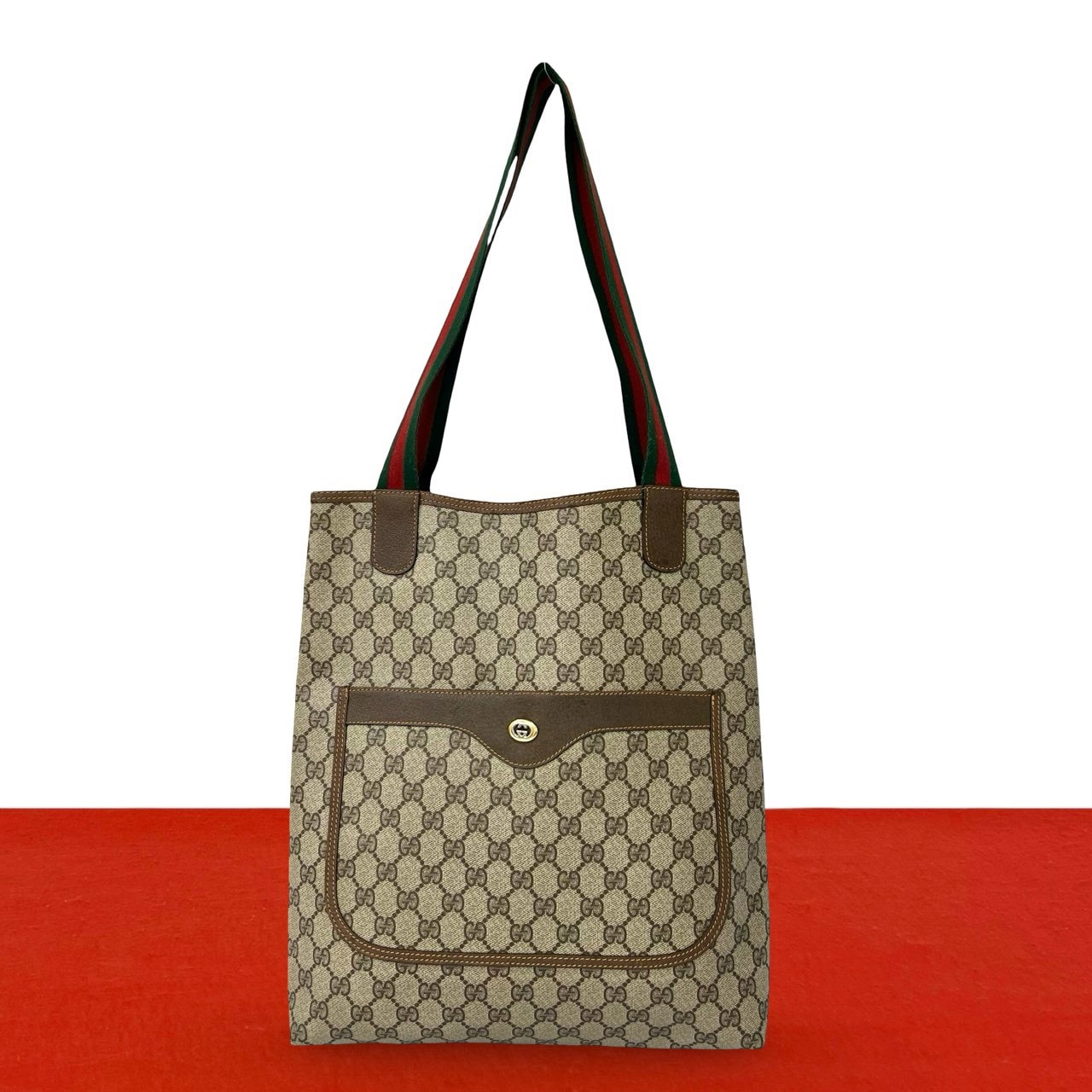 GUCCI グッチ シェリーライン GG ロゴ 金具 レザー PVC トートバッグ ブラウン
 16374