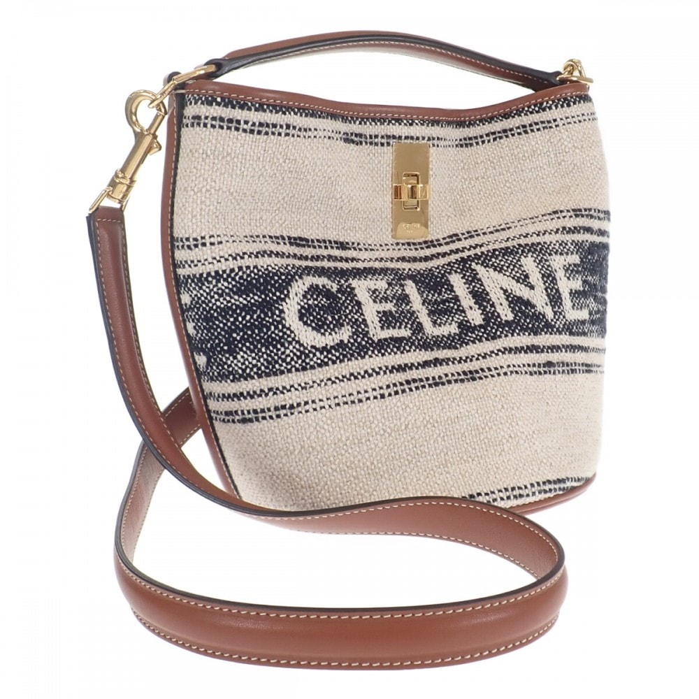 セリーヌ CELINE ティーンバケット16 197572ERF.01WB ショルダーバッグ キャンバス レザー ホワイト レディース【中古】【ABランク】