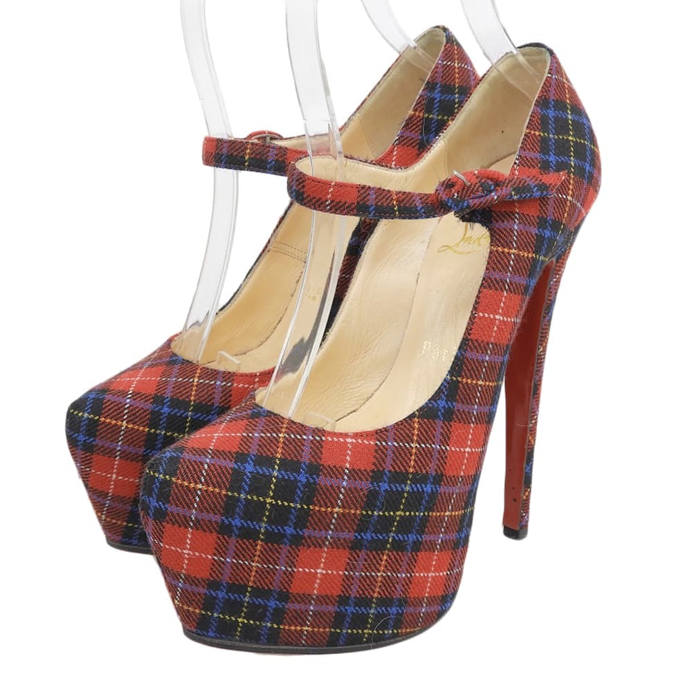 クリスチャンルブタン Mary タータンチェック キャンバス 厚底 ヒール パンプス レディース レッド 35 35