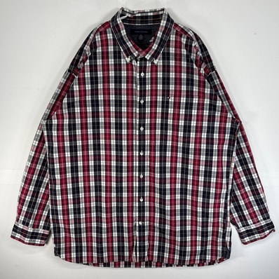 古着 トミーヒルフィガー TOMMY HILFIGER 長袖シャツ ロゴ 刺繍 チェック ボタンダウン 14041 レッド系 マルチカラー メンズ