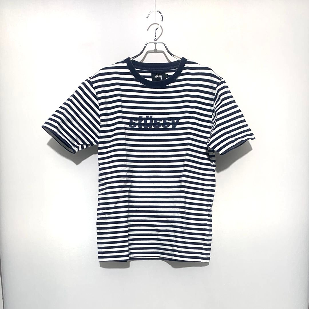 STUSSY STRIPED HEAVY WEIGHT LOGO TEE WHITE/NAVY