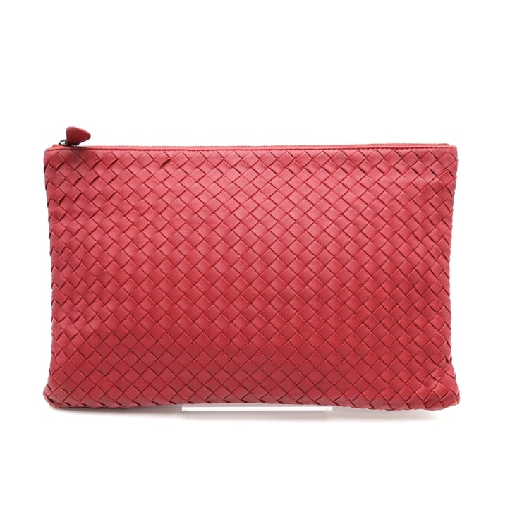 BOTTEGA VENETA(ボッテガ・ヴェネタ)イントレチャート ジップポーチ クラッチバッグ セカンドバッグ レッド レザー 編み込み ファスナー開閉 レディース メンズ ユニセックス【中古】