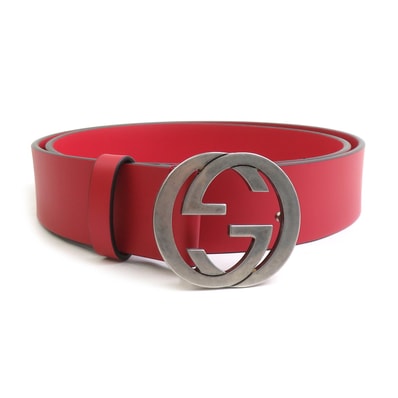 グッチ GUCCI ベルト インターロッキングG レザー/メタル レッド メンズ 546389【中古】 h32108k