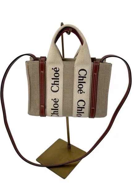 Chloe Mini Woody Tote Bag Linen Canvas&Shiny Calfskin With Chloe Logo "White/Brown"