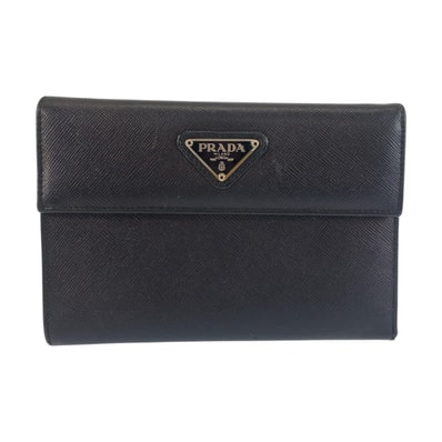 美品 PRADA プラダ 三角ロゴプレート サフィアーノ ブラック 黒 シルバー金具 レザー 折り財布 コンパクトウォレット 603563 【中古】