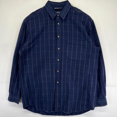古着 90's/90年代 ノーティカ NAUTICA 長袖シャツ チェック柄 ワンポイントロゴ ネルシャツ ポケット L ネイビー メンズ