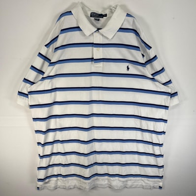 古着 90's/90年代 ポロバイラルフローレン Polo by Ralph Lauren 鹿の子 半袖 ポロシャツ ロゴ 刺繍 大きいサイズ 肉厚 ボーダー 3XL ブルー系 マルチカラー メンズ