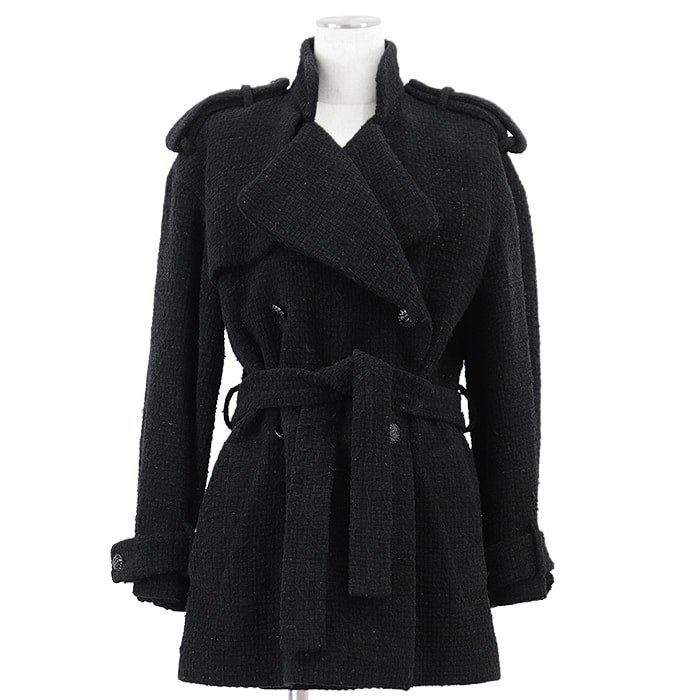 【美品】CHANEL シャネル P73338 ベルテッドコート ツイード エポーレット ダブルブレスト メタリックコンビネーション シグネチャー ロゴ COCOマーク ボタン アウター レディース サイズ 36 ブラック 黒 フランス製