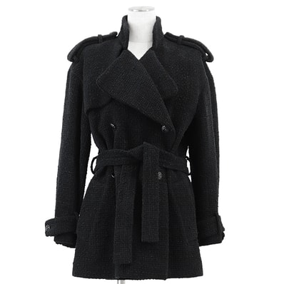 【美品】CHANEL シャネル P73338 ベルテッドコート ツイード エポーレット ダブルブレスト メタリックコンビネーション シグネチャー ロゴ COCOマーク ボタン アウター レディース サイズ 36 ブラック 黒 フランス製