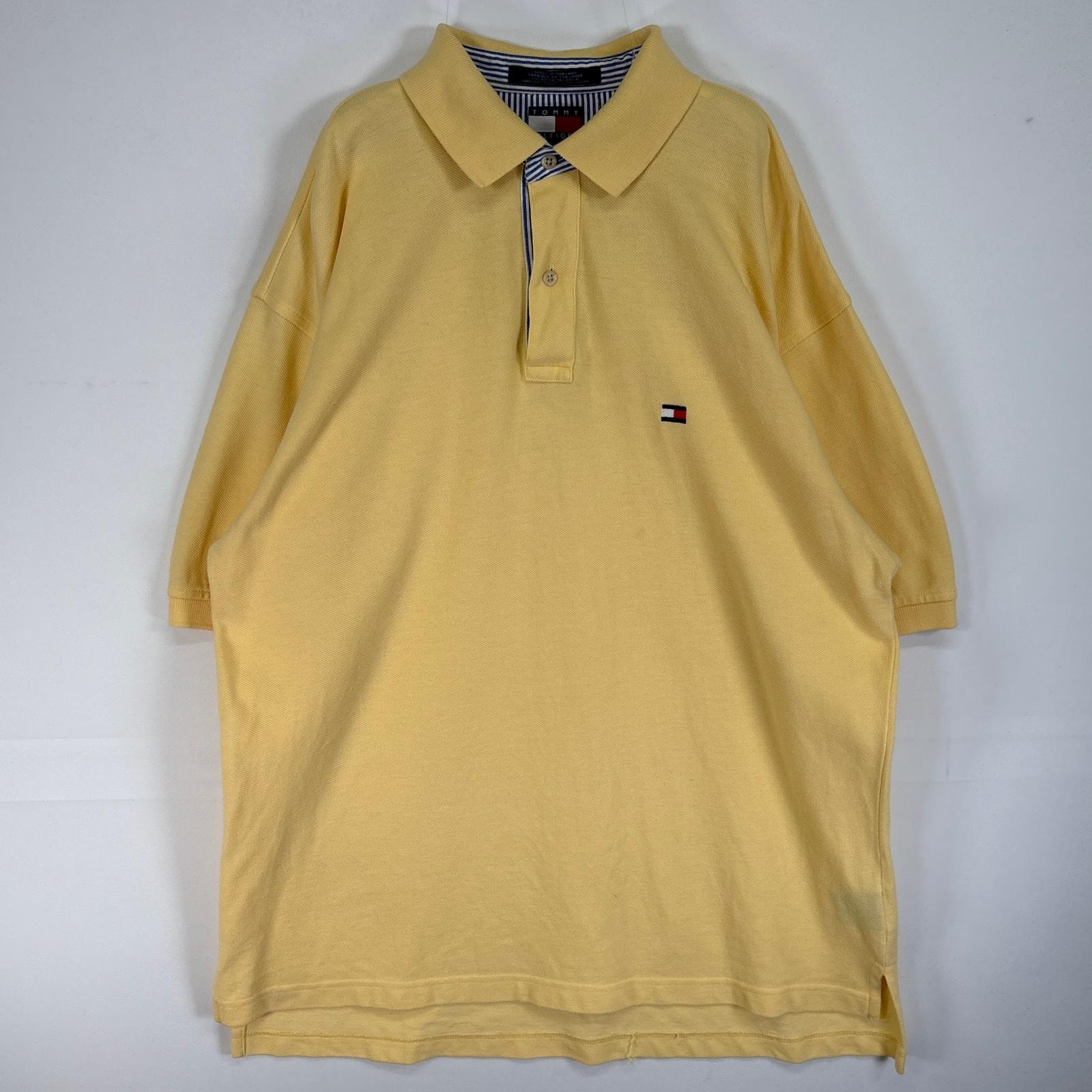 古着 90's/90年代 トミーヒルフィガー TOMMY HILFIGER 鹿の子 半袖 ポロシャツ ロゴ 刺繍 2ボタン フラッグタグ L  イエロー 無地 メンズ