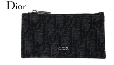 Dior Zip Card Holder Grained Calfskin & Dior Oblique Jacquard "Black"
