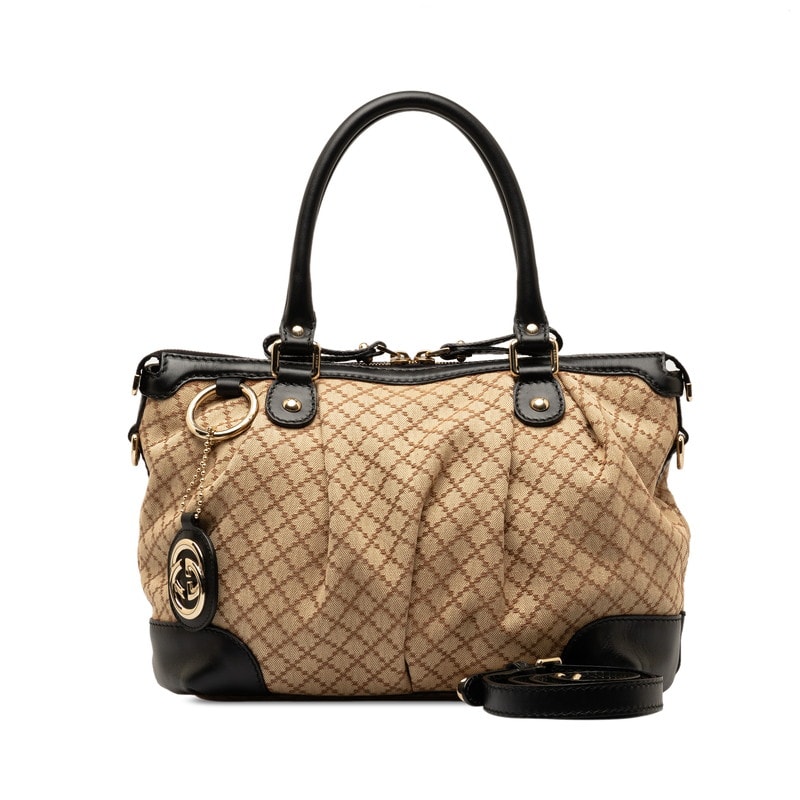 グッチ ディアマンテ スーキー ハンドバッグ ショルダーバッグ 2WAY 247902 ベージュ ブラック キャンバス レザー レディース GUCCI 【中古】