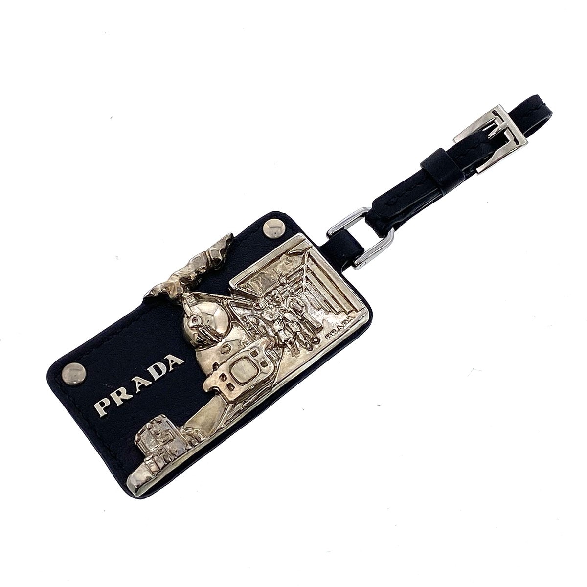 PRADA プラダ タグ型 機関車 列車 汽車 プレート キーホルダー レザー メタル メンズ【中古】