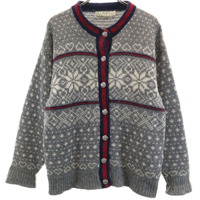 L.L.Bean エルエルビーン 80s USA製 ヴィンテージ ノルディック柄 長袖 ニットカーディガン M グレー アウトドア