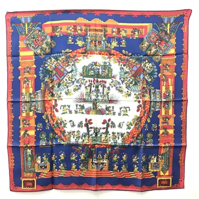 エルメス HERMES ASTRES et SOLEILS 天体と太陽 カレ90 カレ 90 エスニック スカーフ シルク ブルー×レッド×ホワイト 新品同様