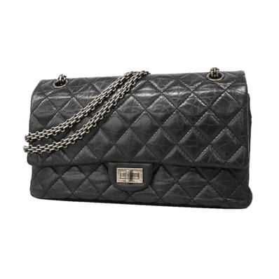 【6ie7017】シャネル ショルダーバッグ 2.55/マトラッセ Wフラップ Wチェーン レザー ブラック シルバー金具【中古】レディース