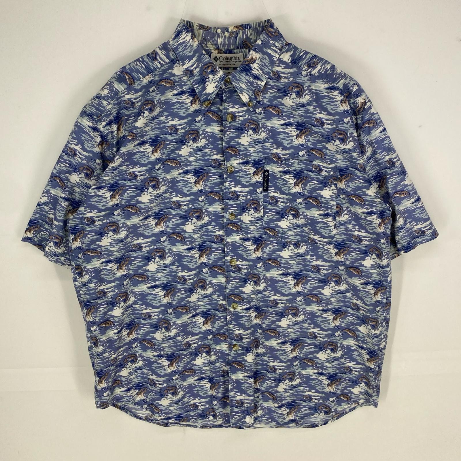 古着 コロンビア Columbia 半袖シャツ ワンポイント フィッシュ 胸ポケット ワンポイントロゴ L ブルー系 総柄 メンズ