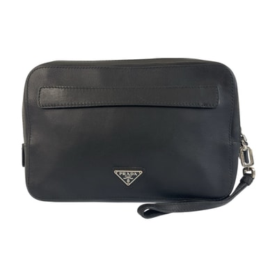 美品 PRADA プラダ 三角ロゴプレート ブラック 黒 シルバー金具 レザー クラッチバッグ セカンドバッグ 503554 【中古】