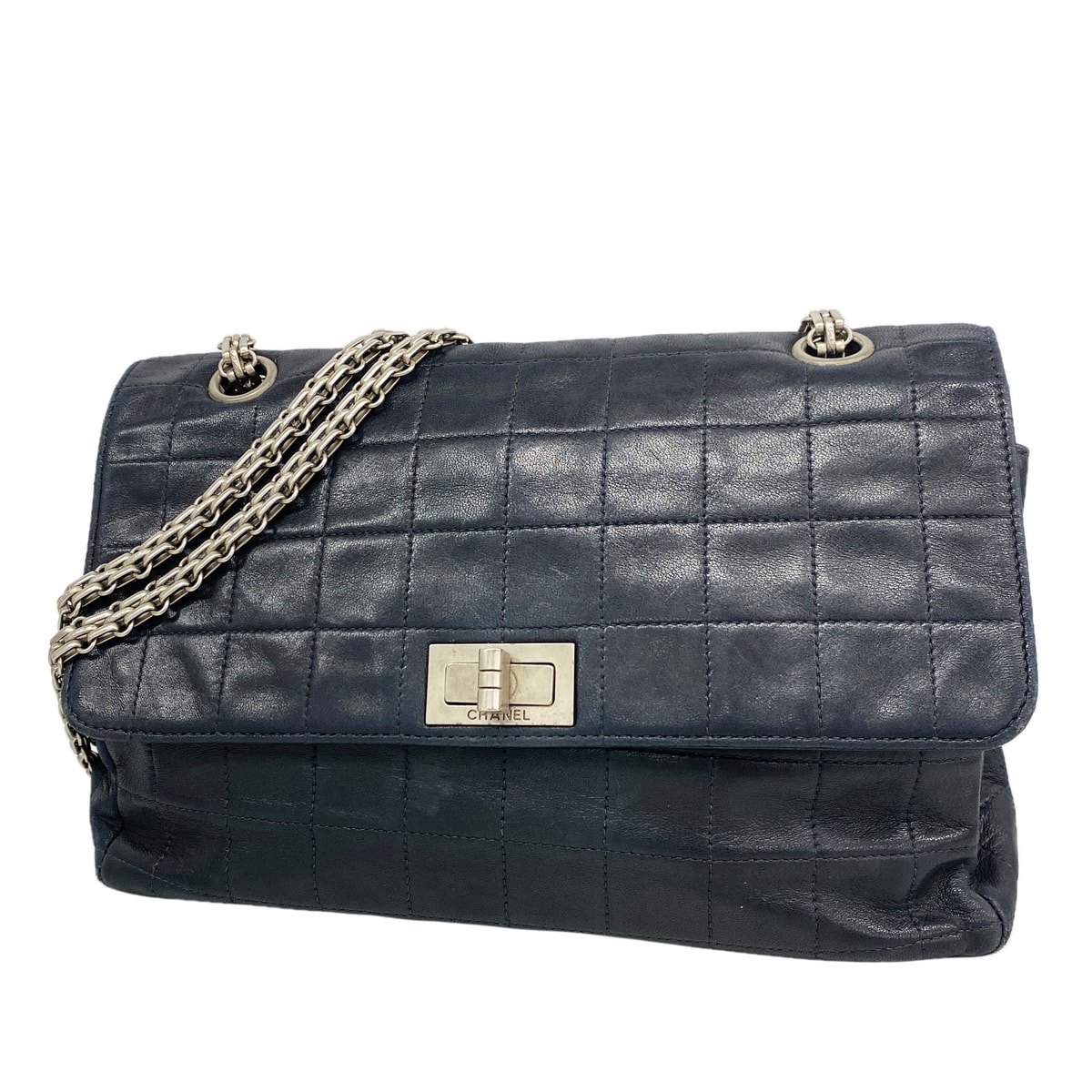 【6ib1882】シャネル ショルダーバッグ 2.55/チョコバー Wチェーン ラムスキン ブラック シルバー金具【中古】レディース