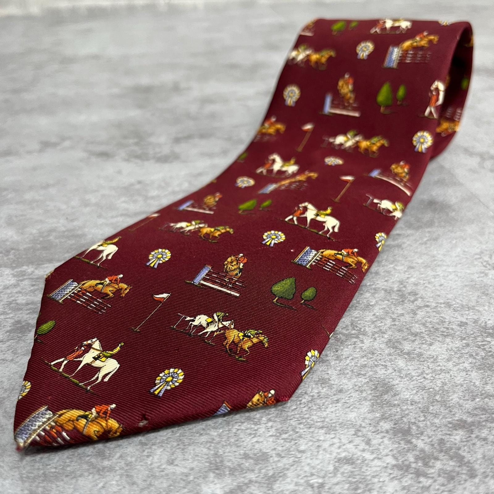 【Christian Dior】クリスチャンディオール ネクタイ 馬 ウマ ホース 乗馬 馬術競技 障害飛越 ロゼット 総柄 ボルドー ワインレッド メンズ