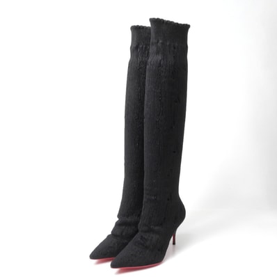 ■美品■Christian Louboutin クリスチャンルブタン Sandrine Botta 80 ブーツ サイズ35 エイジング加工 ニット ロングブーツ イタリア製 ブランド古着【中古】20260707/RA9879