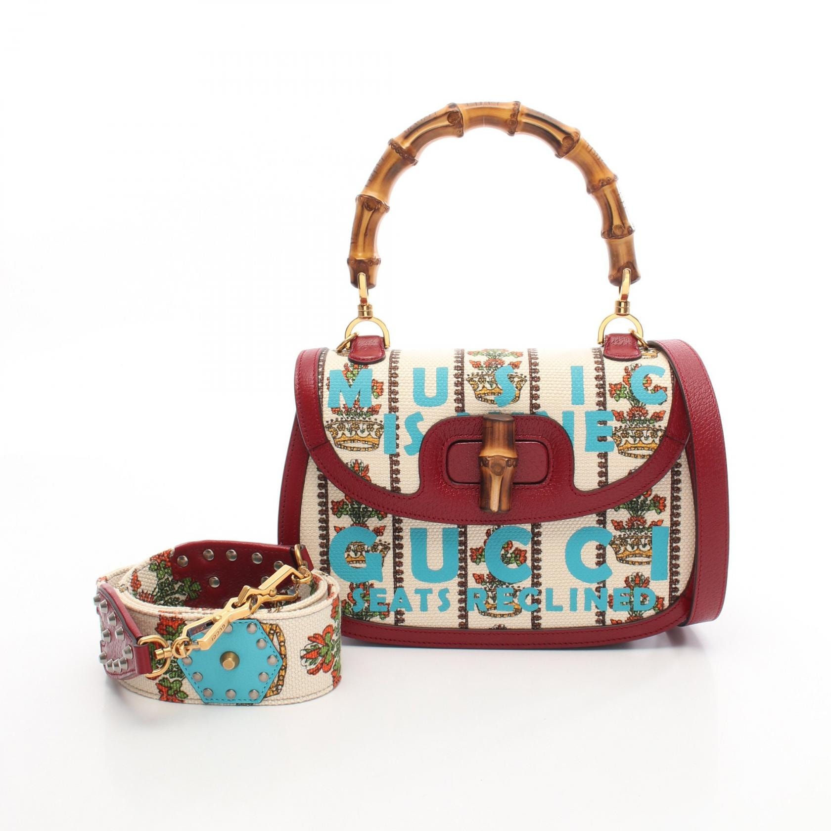 グッチ GUCCI MUSIC IS MINE バンブー ハンドバッグ バッグ キャンバス レザー レディース アイボリー系 / ボルドー系 / マルチカラー 679632 【中古】