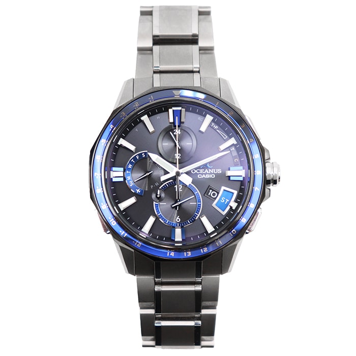 【極美品】CASIO カシオ 腕時計 OCEANUS オシアナス OCW-G2000 メンズ Bluetooth搭載 電波ソーラー GPS チタン 耐水 ウォッチ 時計 小物 ケース付属 シルバー ブルー 青 銀色 日本製