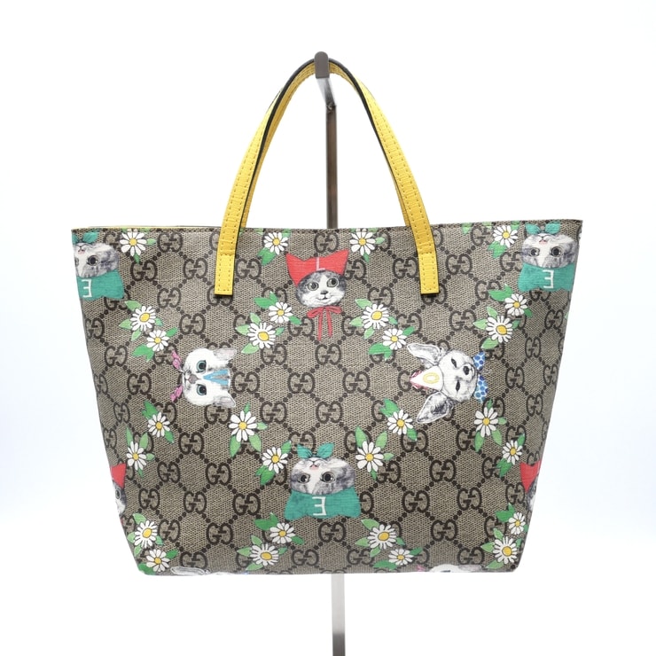 GUCCI(グッチ)ヒグチユウコ コラボ GGスプリーム チルドレンズ トートバッグ ハンドバッグ 猫 フラワー 花柄 ベージュ イエロー PVC レザー レディース 410812【中古】