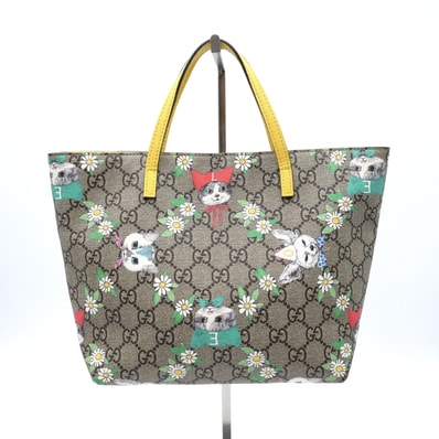 GUCCI(グッチ)ヒグチユウコ コラボ GGスプリーム チルドレンズ トートバッグ ハンドバッグ 猫 フラワー 花柄 ベージュ イエロー PVC レザー レディース 410812【中古】