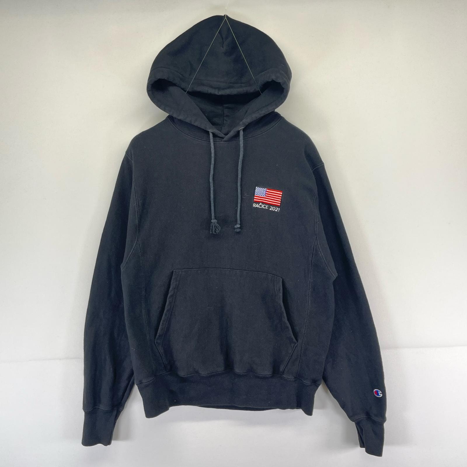 古着 チャンピオン Champion パーカー プルオーバー 刺繍 スウェット リバースウィーブ S  ブラック系 メンズ