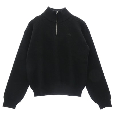 CELINE セリーヌ ニット RY02Q0ZP2.38NO TRUCKER SWEATER IN RIBBED WOOL トラッカーセーター ハーフジップ ニット ブラック系 XL【極上美品】【中古】
