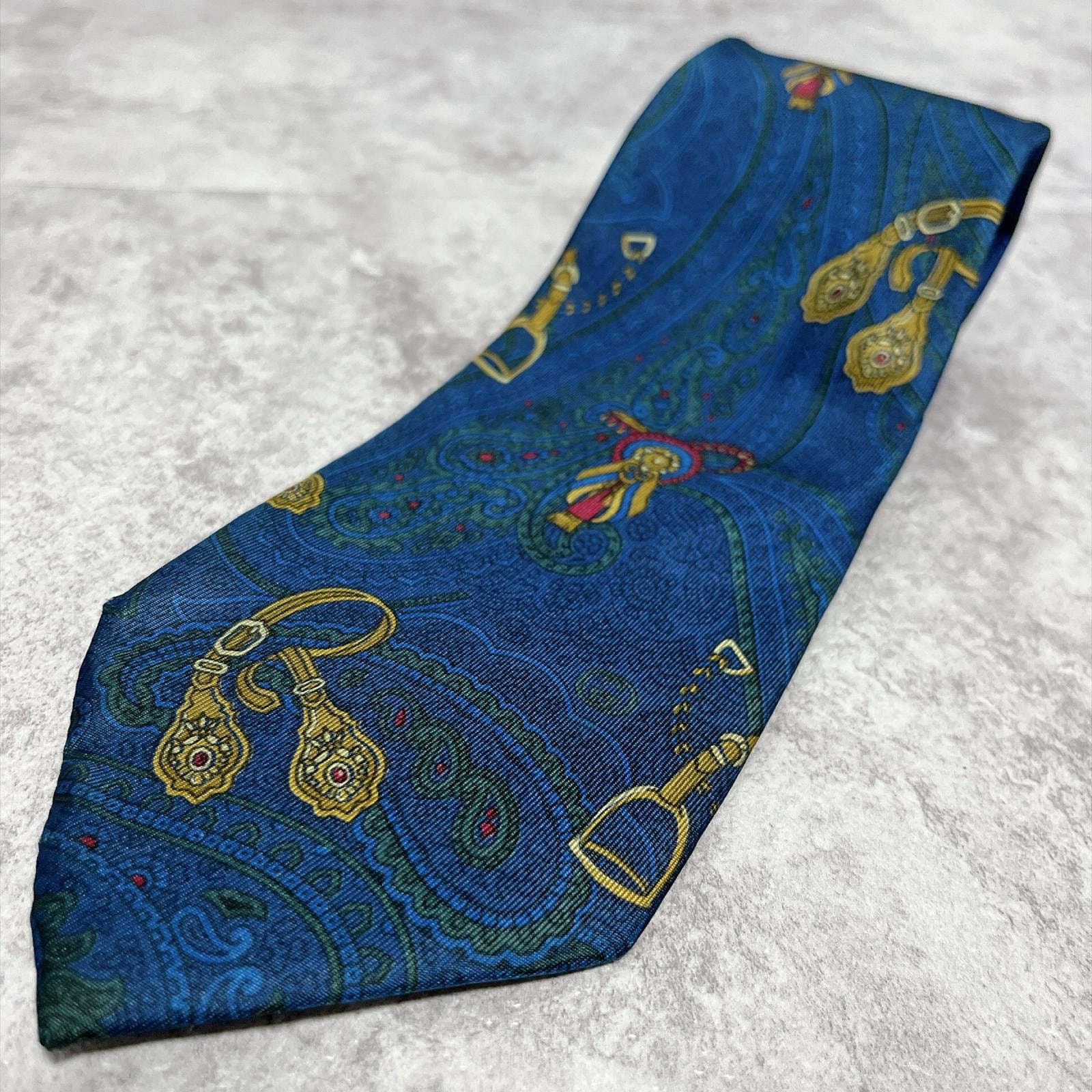 【GUCCI】グッチ 馬具 鐙 アブミ スティラップ ペイズリー柄ネクタイ ブルー ゴールド グリーン シルク100% イタリア製 メンズ ビジネス